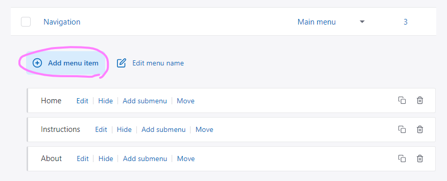 (screenshot of Publii Menus page with a Menu area open showing the menu items and with the "Add Menu item" button highlighted)  