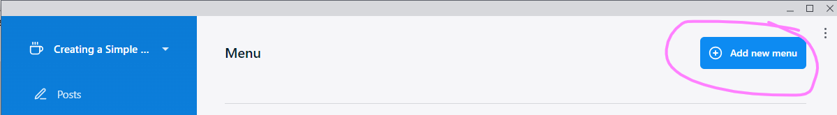 (screenshot of the top portion of the Publii Menus page, with the "Add new Menu" button highlighted)