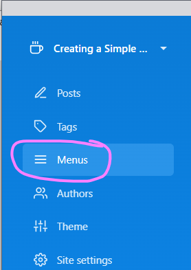 (screenshot of Publii menu with the "Menus" link highlighted) 