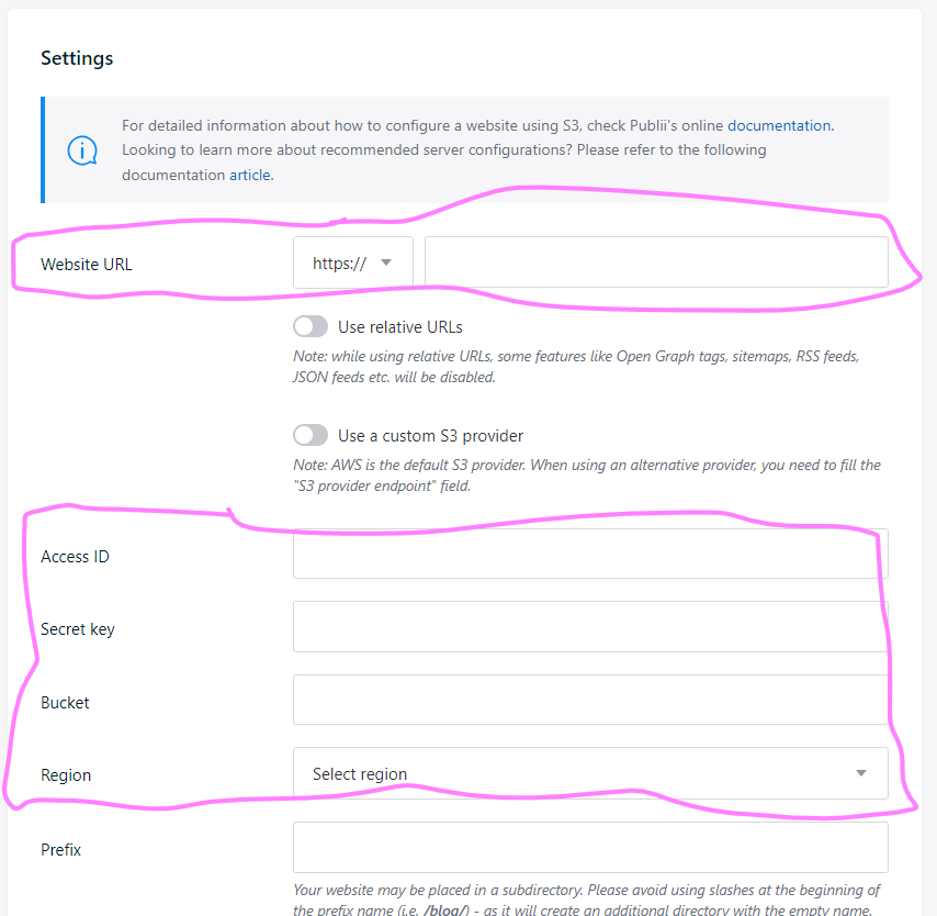 (screenshot of the Publii S3 server settings page highlighting the website address, Access ID, Secret key, Bucket name and region fields)