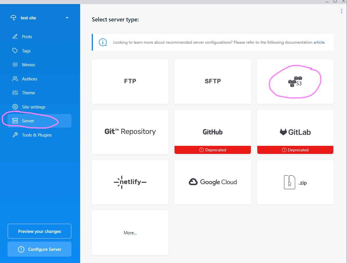(screenshot of Publii highlighting the "Server" option near the bottom of the navigation menu, and the "Amazon S3" option)