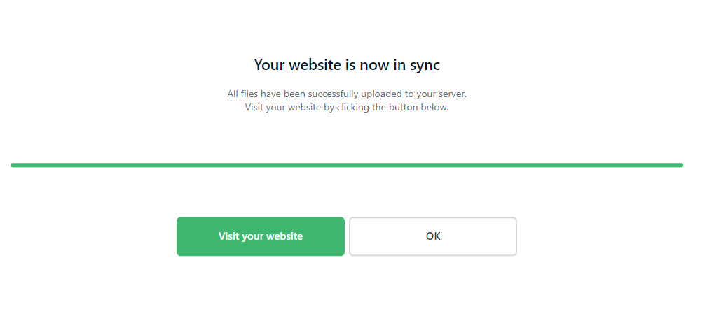 (Sceenshot of Publii Website Syncronisation screen showing "Syncronisation Complete", there are buttons to confirm (OK) and "Visit Your Website")