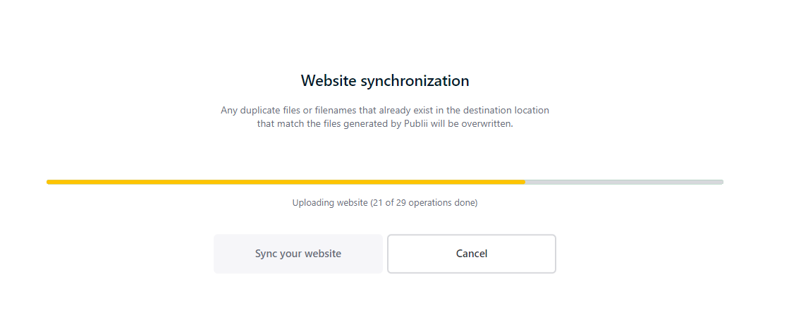 (Publii screenshot of the website synchronisation in progress)