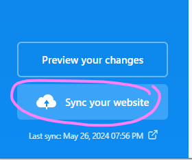 (Publii screenshot highlighting the Sync Your Website button in the sidebar)