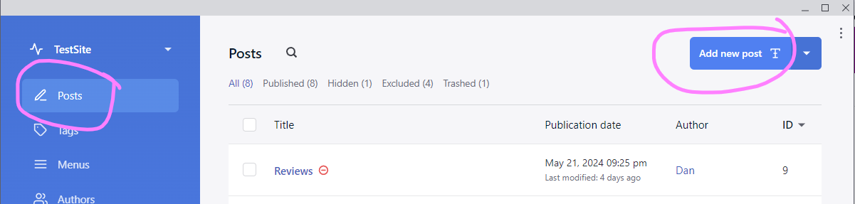 (image showing the Posts menu - top left - and the "Add new post" button - top right)